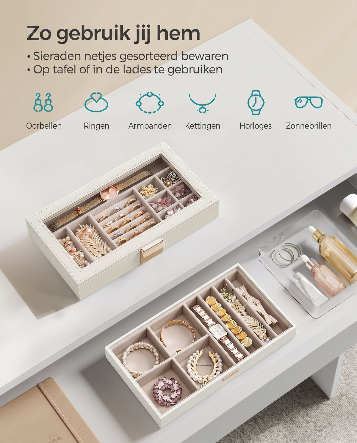 Stapelbare Sieradendoos met Glazen Deksel en Uitneembare Bakjes, 2, 4 of 6 Niveaus