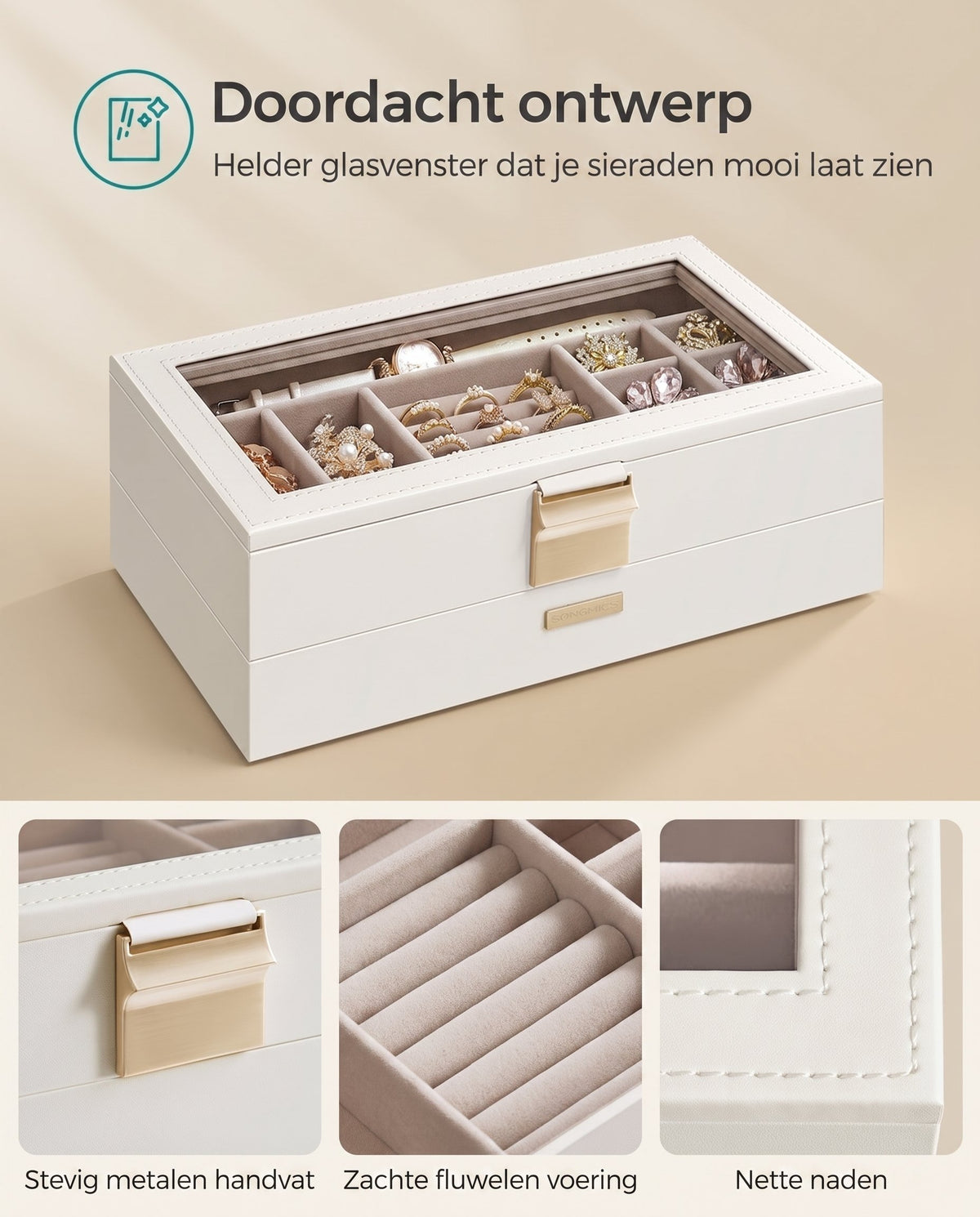 Stapelbare Sieradendoos met Glazen Deksel en Uitneembare Bakjes, 2, 4 of 6 Niveaus