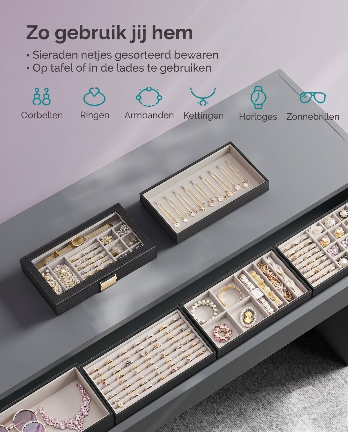 Stapelbare Sieradendoos met Glazen Deksel en Uitneembare Bakjes, 2, 4 of 6 Niveaus