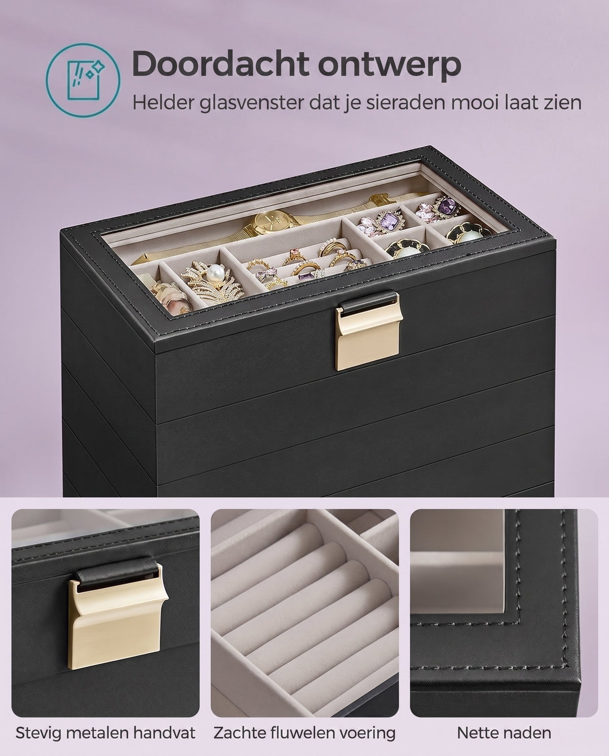Stapelbare Sieradendoos met Glazen Deksel en Uitneembare Bakjes, 2, 4 of 6 Niveaus