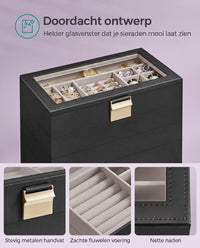 Stapelbare Sieradendoos met Glazen Deksel en Uitneembare Bakjes, 2, 4 of 6 Niveaus