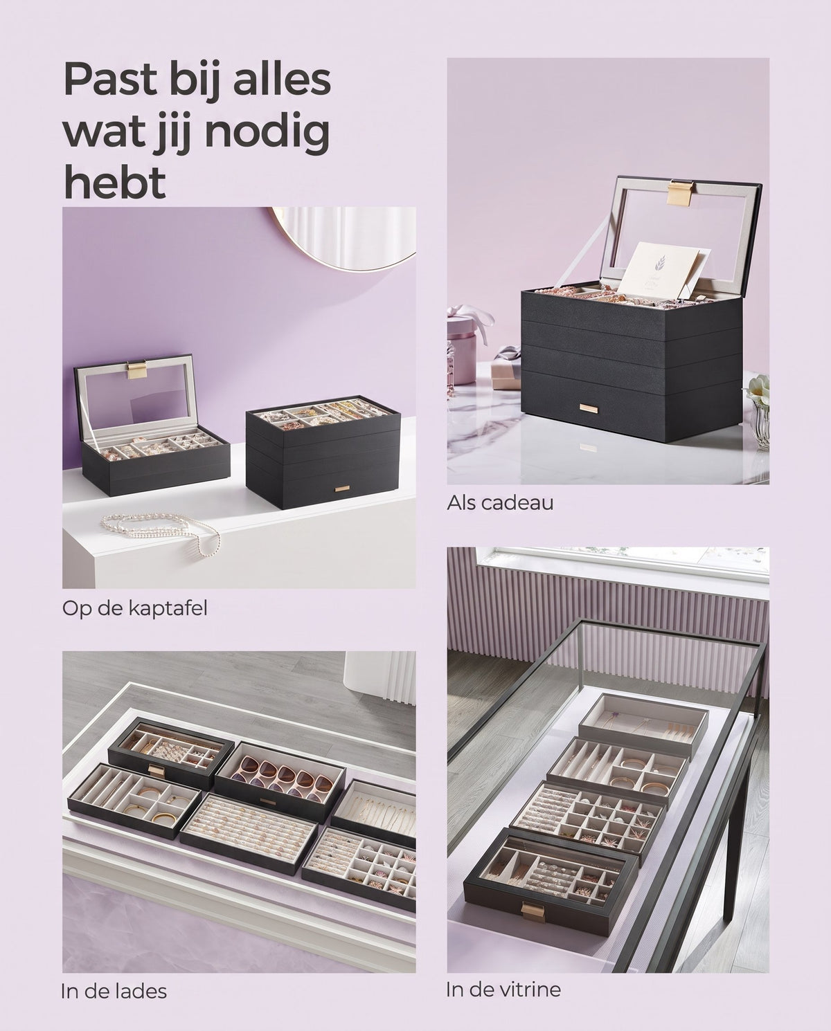 Stapelbare Sieradendoos met Glazen Deksel en Uitneembare Bakjes, 2, 4 of 6 Niveaus