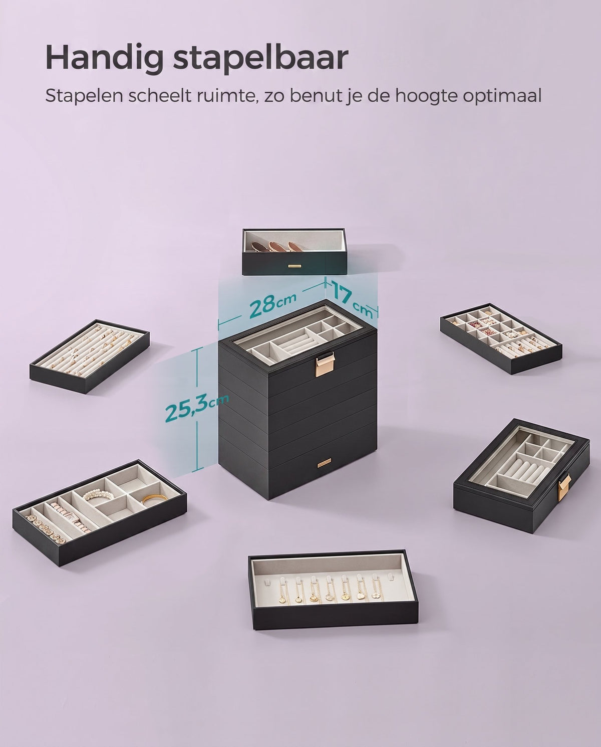 Stapelbare Sieradendoos met Glazen Deksel en Uitneembare Bakjes, 2, 4 of 6 Niveaus