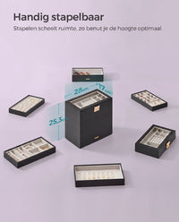 Stapelbare Sieradendoos met Glazen Deksel en Uitneembare Bakjes, 2, 4 of 6 Niveaus