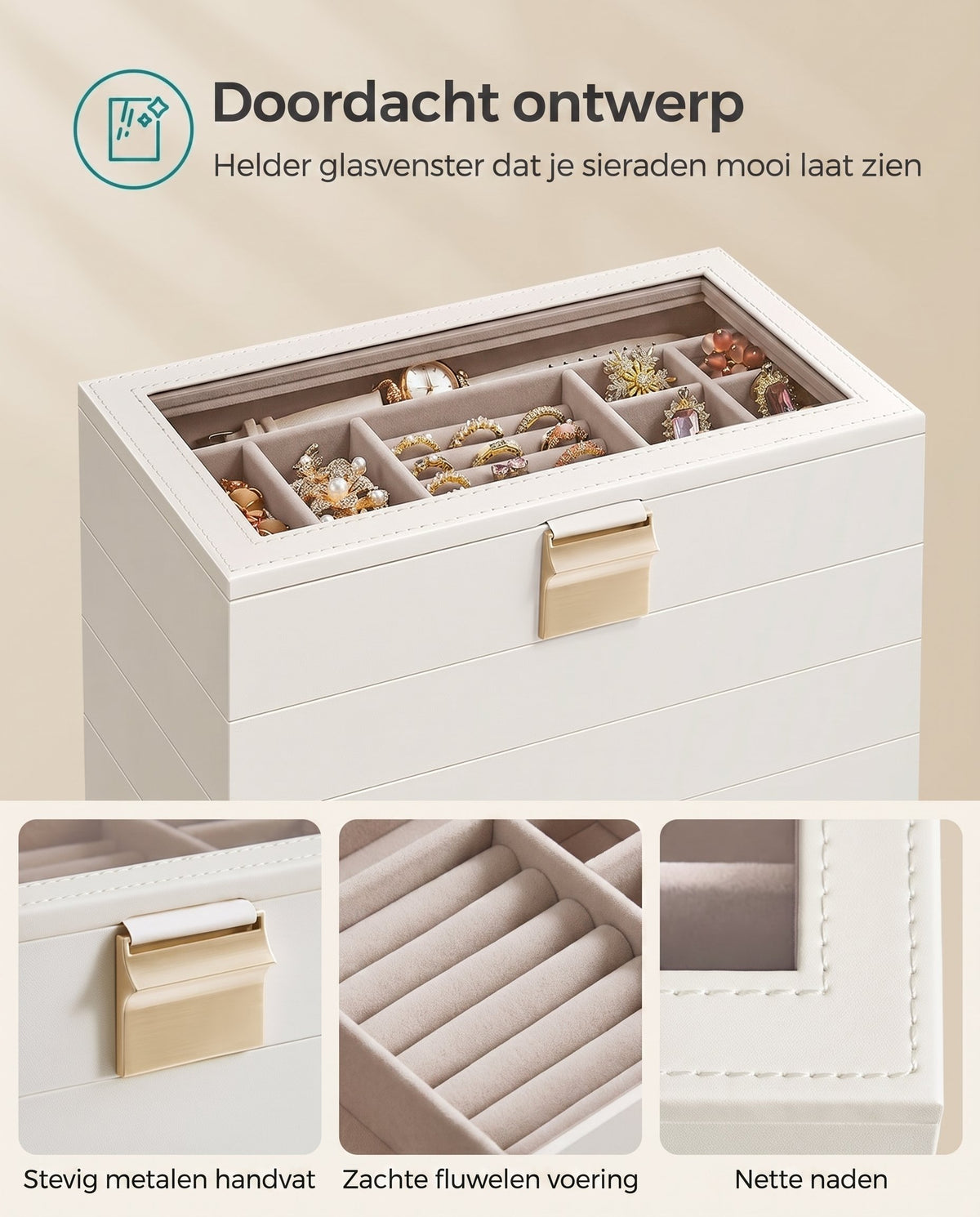 Stapelbare Sieradendoos met Glazen Deksel en Uitneembare Bakjes, 2, 4 of 6 Niveaus