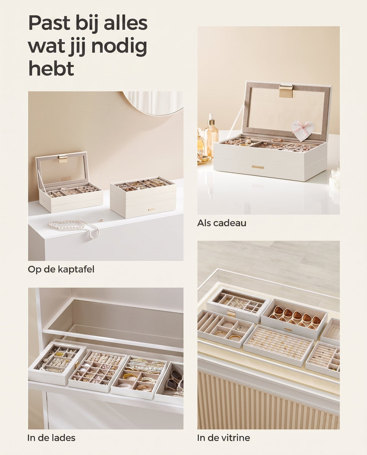 Stapelbare Sieradendoos met Glazen Deksel en Uitneembare Bakjes, 2, 4 of 6 Niveaus