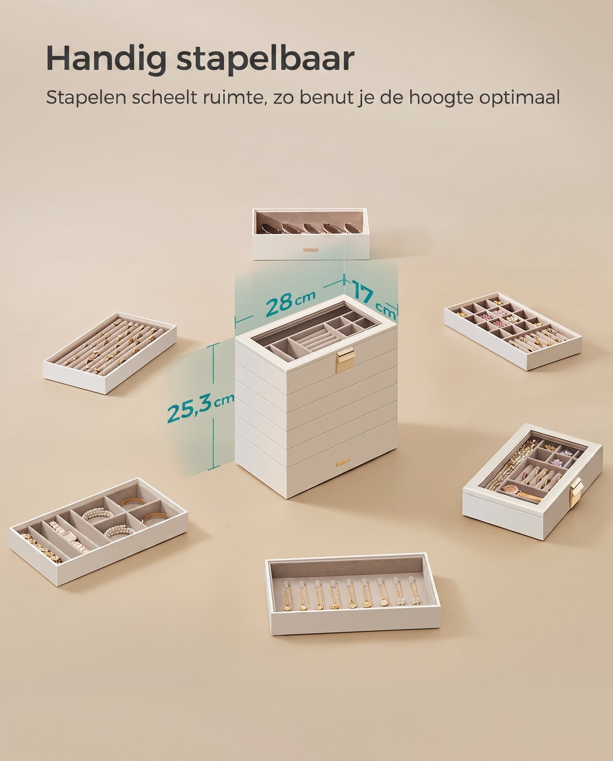 Stapelbare Sieradendoos met Glazen Deksel en Uitneembare Bakjes, 2, 4 of 6 Niveaus
