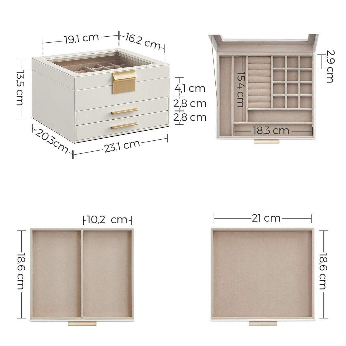 Sieradendoos met Glazen Deksel en 4 Lagen, 3 of 4 Laden, 20,3 x 23,1 cm
