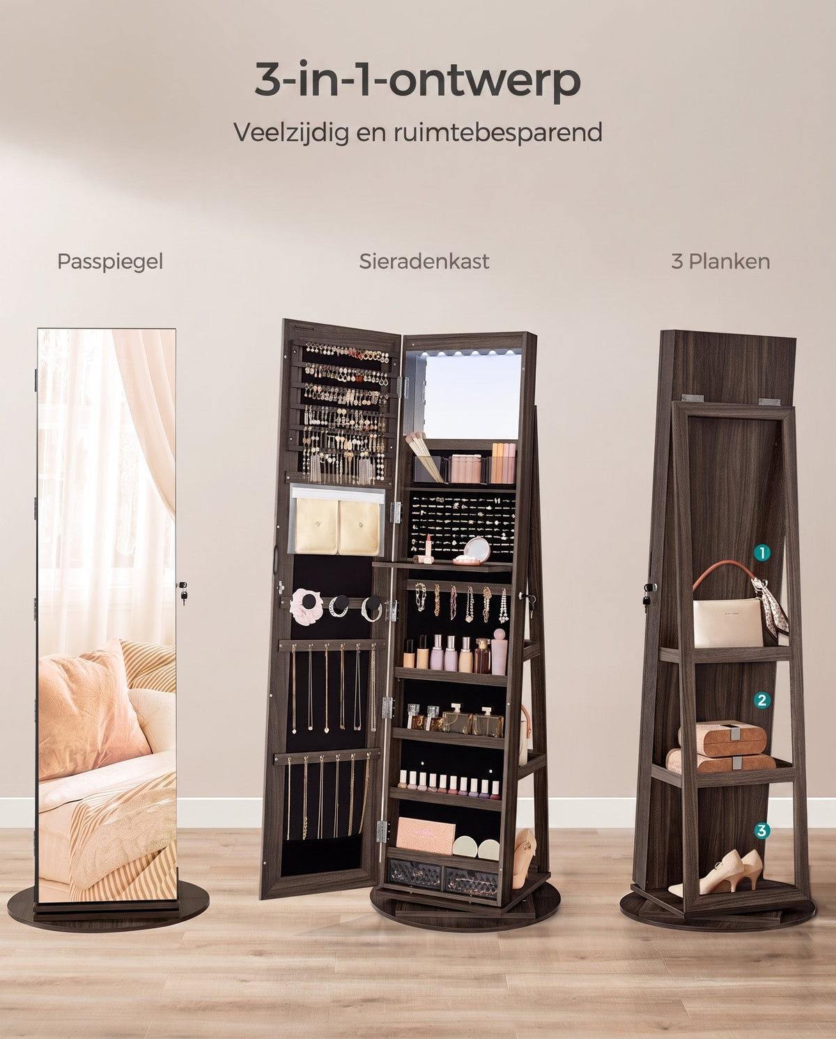Draaibare Sieradenkast met Passpiegel en Ledverlichting, Afsluitbaar