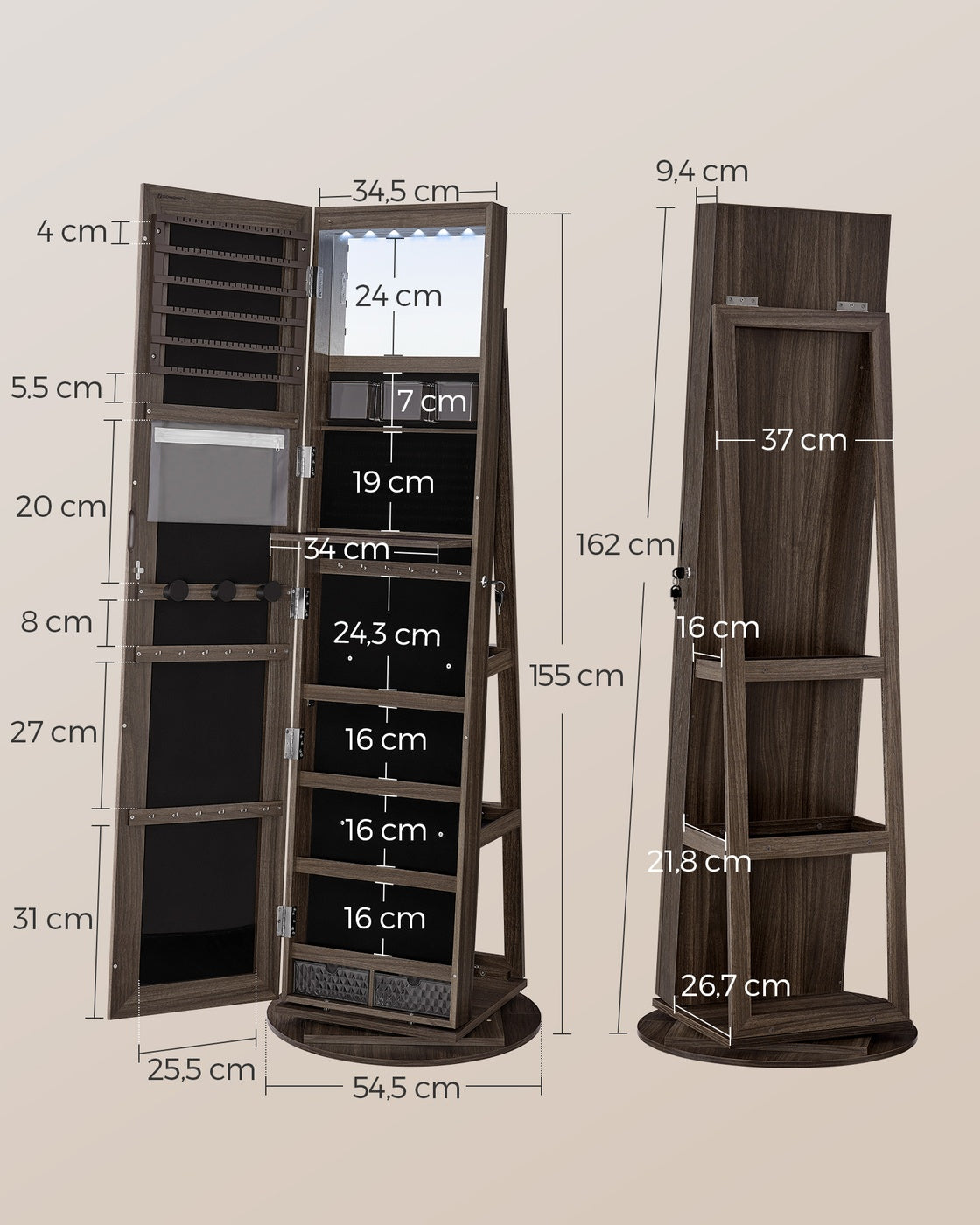 Draaibare Sieradenkast met Passpiegel en Ledverlichting, Afsluitbaar