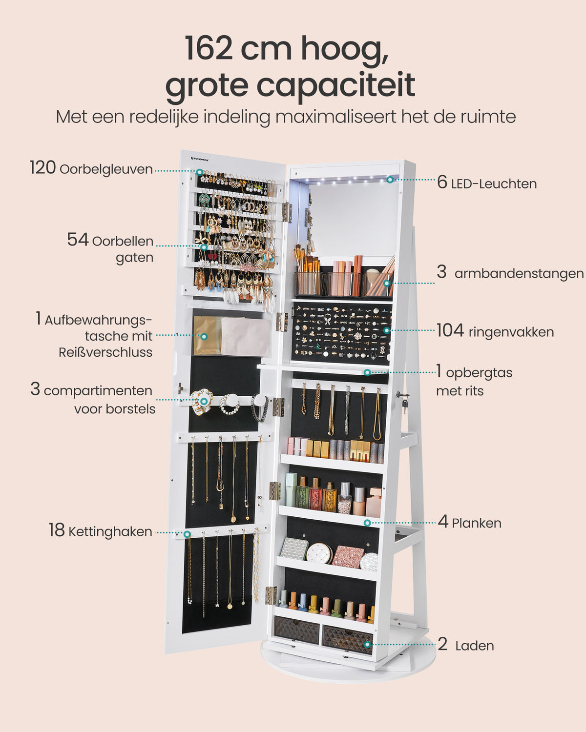 Draaibare Sieradenkast met Passpiegel en Ledverlichting, Afsluitbaar
