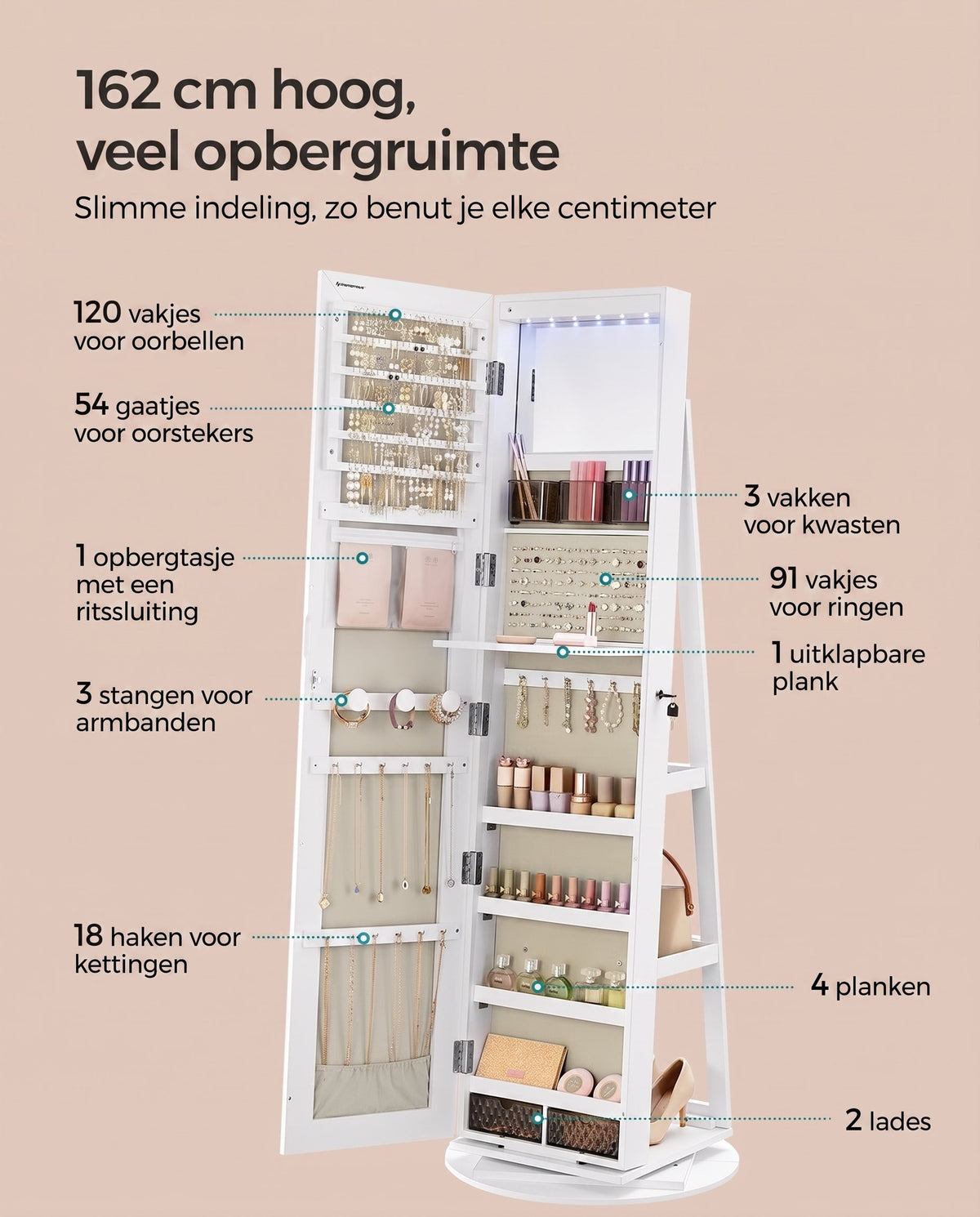 Draaibare Sieradenkast met Passpiegel en Ledverlichting, Afsluitbaar