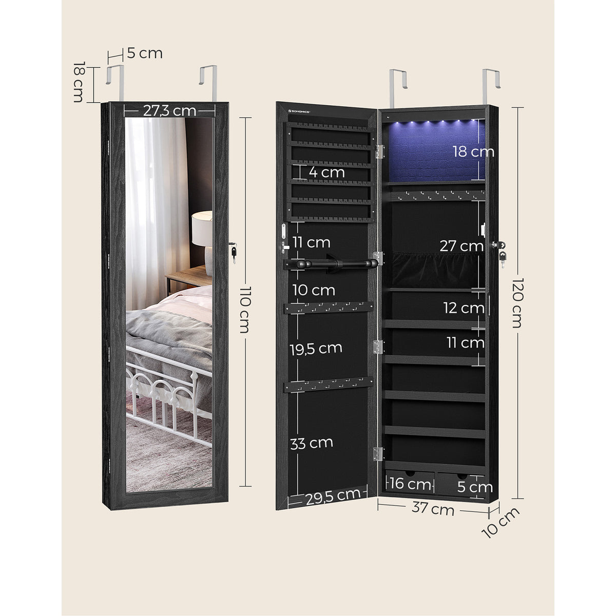 Afsluitbare Sieradenkast met Spiegel voor Wand- of Deurmontage