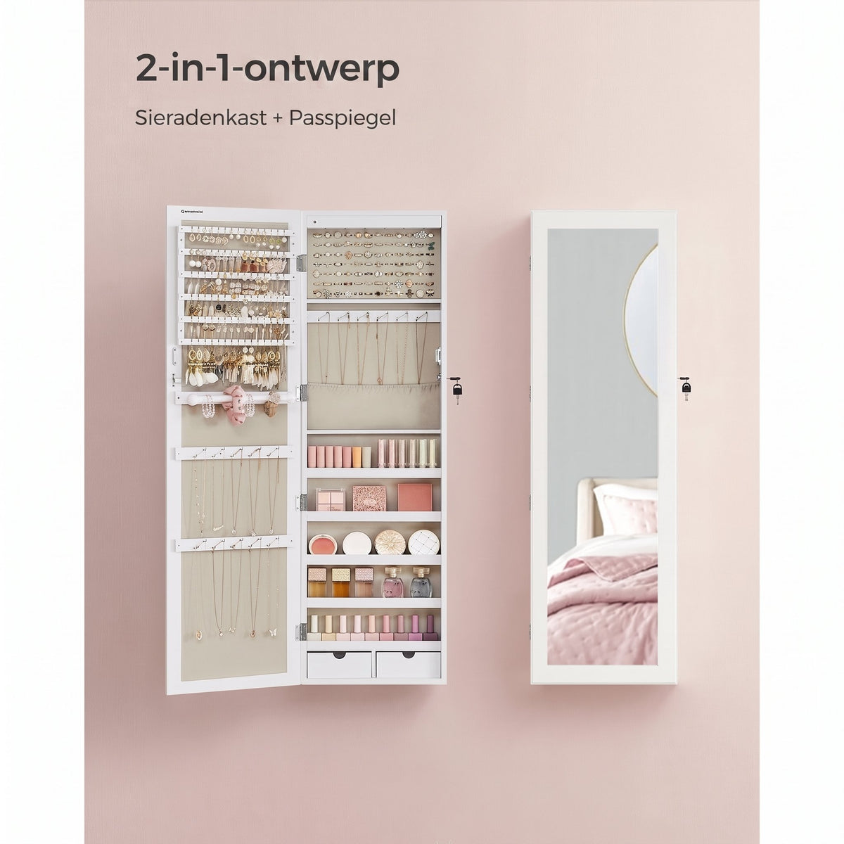 Afsluitbare Sieradenkast met Spiegel voor Wand- of Deurmontage