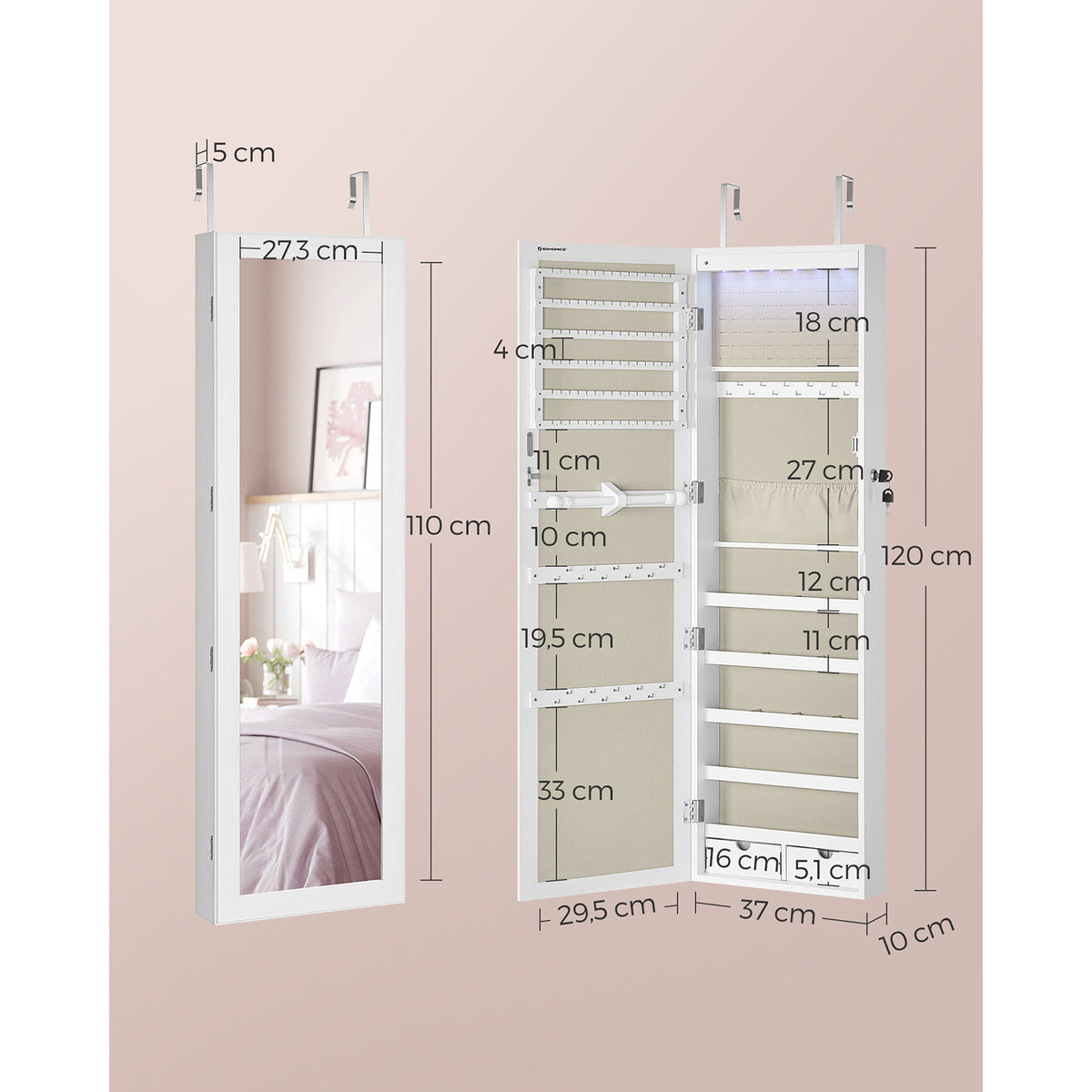 Afsluitbare Sieradenkast met Spiegel voor Wand- of Deurmontage