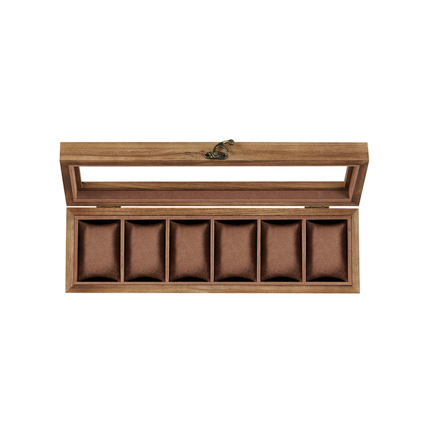 Horlogedoos van Massief Hout met 6 Vakken en Glazen Deksel, 35 x 10,2 x 8,7 cm