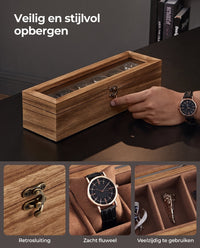 Horlogedoos van Massief Hout met 6 Vakken en Glazen Deksel, 35 x 10,2 x 8,7 cm
