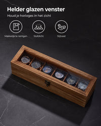 Horlogedoos van Massief Hout met 6 Vakken en Glazen Deksel, 35 x 10,2 x 8,7 cm