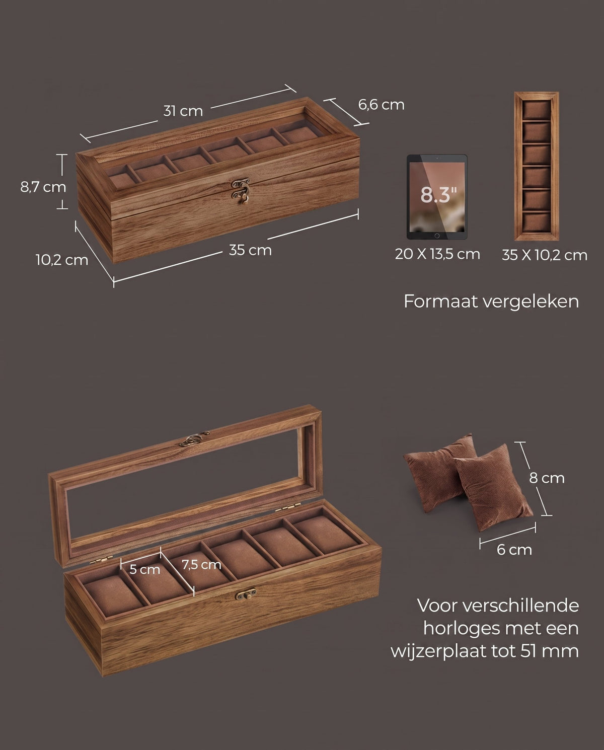 Horlogedoos van Massief Hout met 6 Vakken en Glazen Deksel, 35 x 10,2 x 8,7 cm