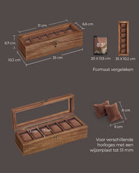 Horlogedoos van Massief Hout met 6 Vakken en Glazen Deksel, 35 x 10,2 x 8,7 cm