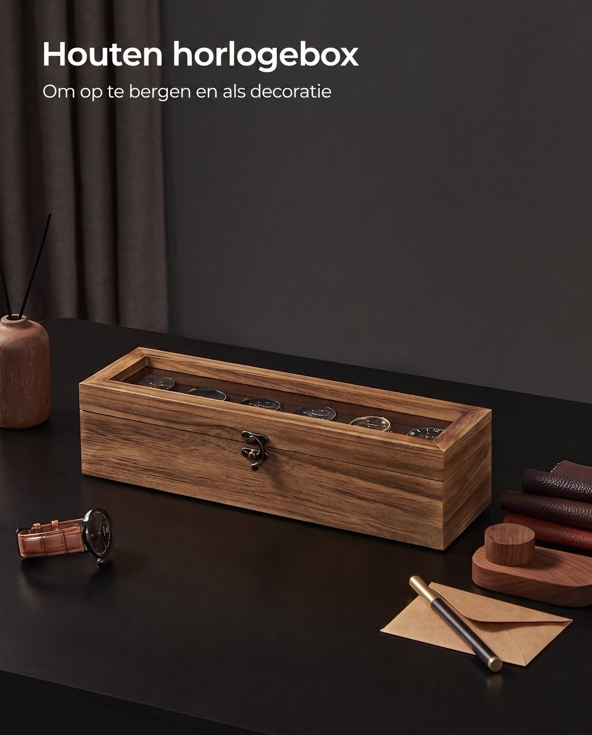 Horlogedoos van Massief Hout met 6 Vakken en Glazen Deksel, 35 x 10,2 x 8,7 cm