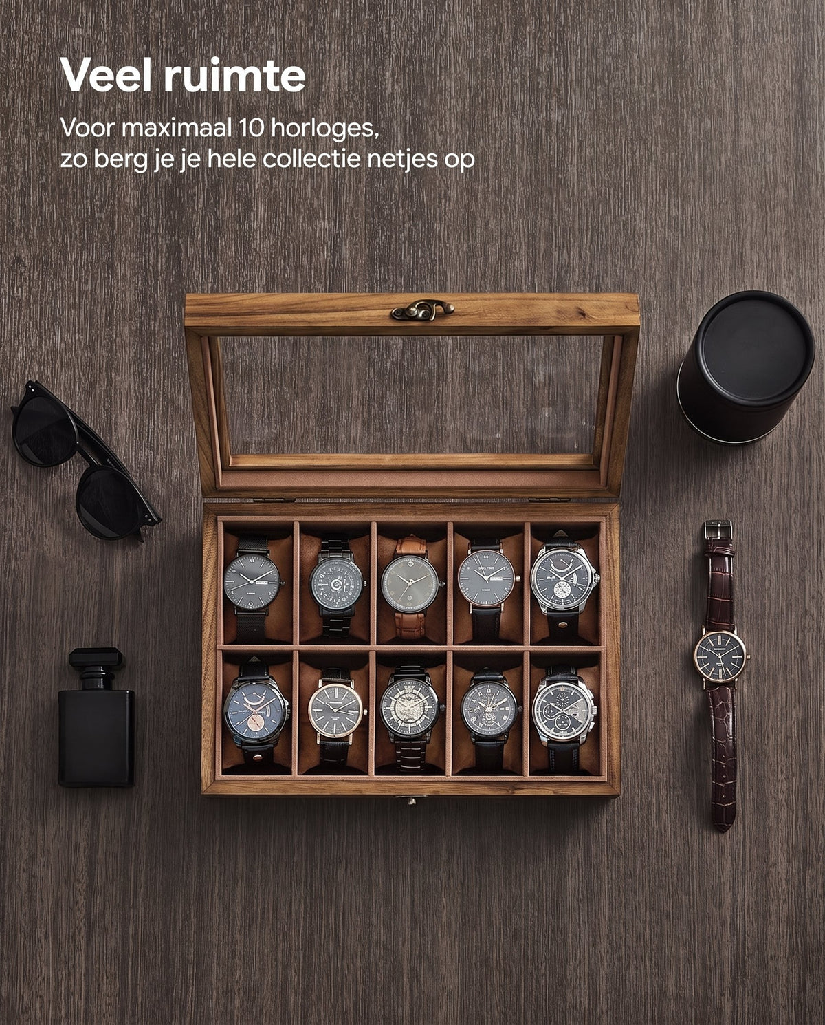 Horlogedoos met 10 Vakken en Glazen Deksel van Massief Hout, 20,5 x 29 x 8,5 cm