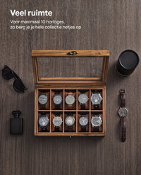 Horlogedoos met 10 Vakken en Glazen Deksel van Massief Hout, 20,5 x 29 x 8,5 cm
