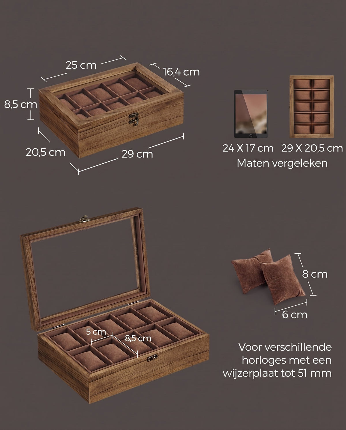 Horlogedoos met 10 Vakken en Glazen Deksel van Massief Hout, 20,5 x 29 x 8,5 cm