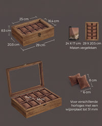 Horlogedoos met 10 Vakken en Glazen Deksel van Massief Hout, 20,5 x 29 x 8,5 cm