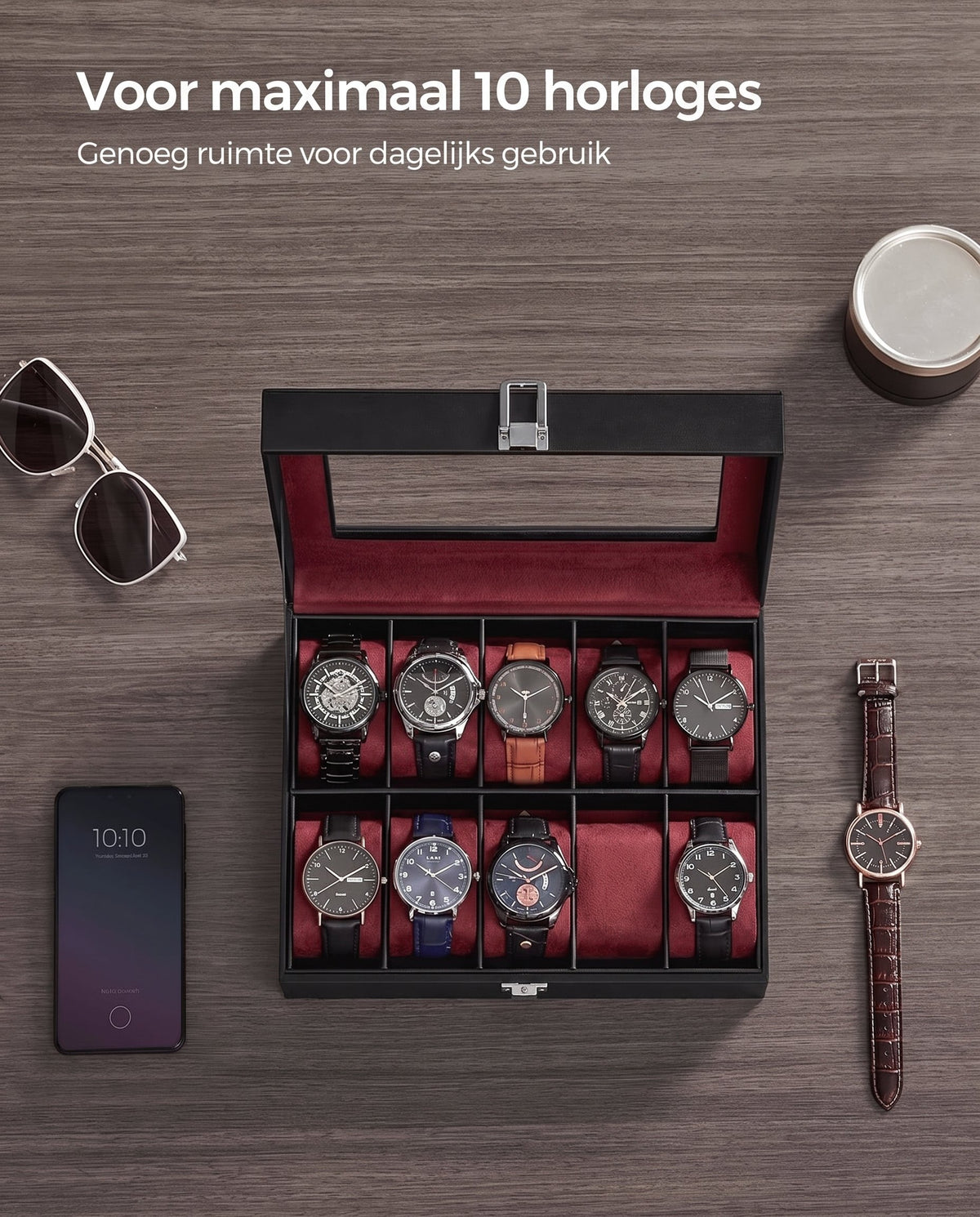 Horlogedoos voor 10 Horloges met Glazen Deksel