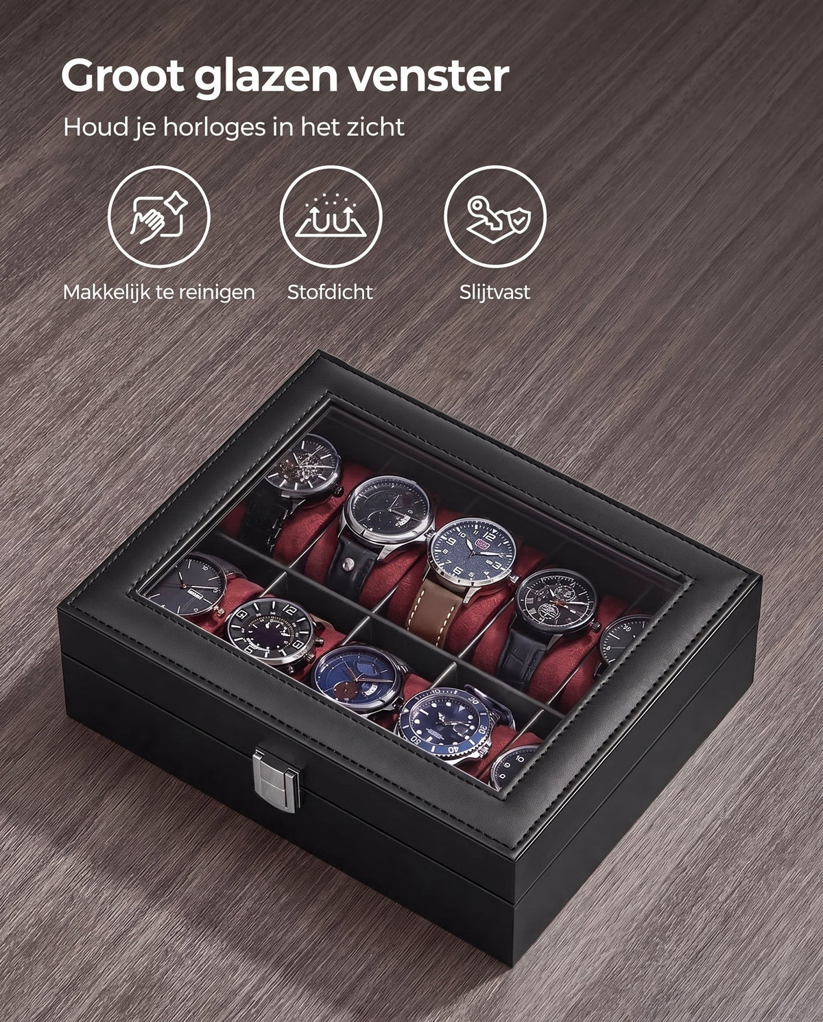 Horlogedoos voor 10 Horloges met Glazen Deksel
