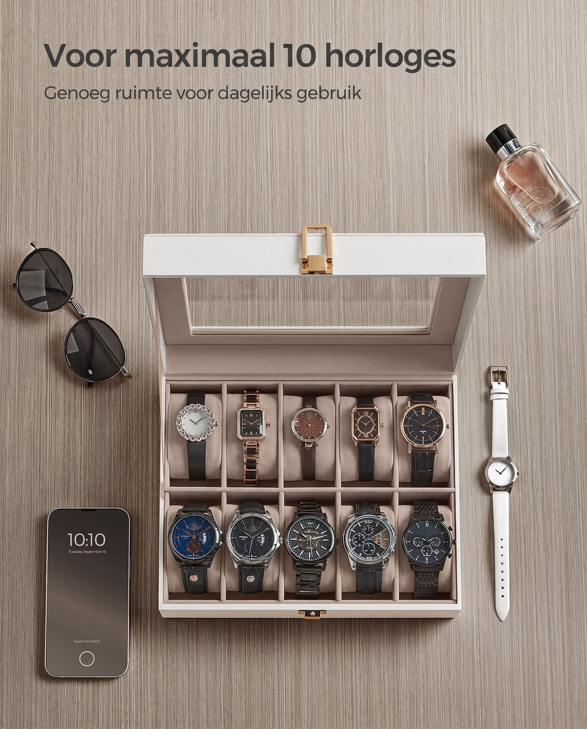 Horlogedoos voor 10 Horloges met Glazen Deksel