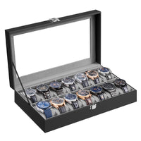 Horlogedoos voor 14 Horloges van PU-leer met Glazen Deksel, 34,8 x 20 x 7,5 cm