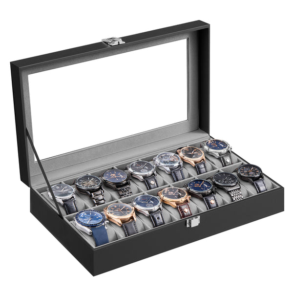 Horlogedoos voor 14 Horloges van PU-leer met Glazen Deksel, 34,8 x 20 x 7,5 cm