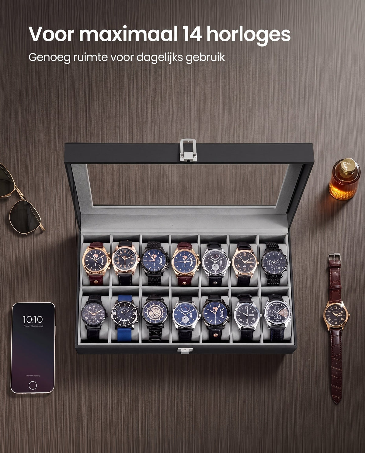 Horlogedoos voor 14 Horloges van PU-leer met Glazen Deksel, 34,8 x 20 x 7,5 cm