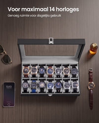 Horlogedoos voor 14 Horloges van PU-leer met Glazen Deksel, 34,8 x 20 x 7,5 cm