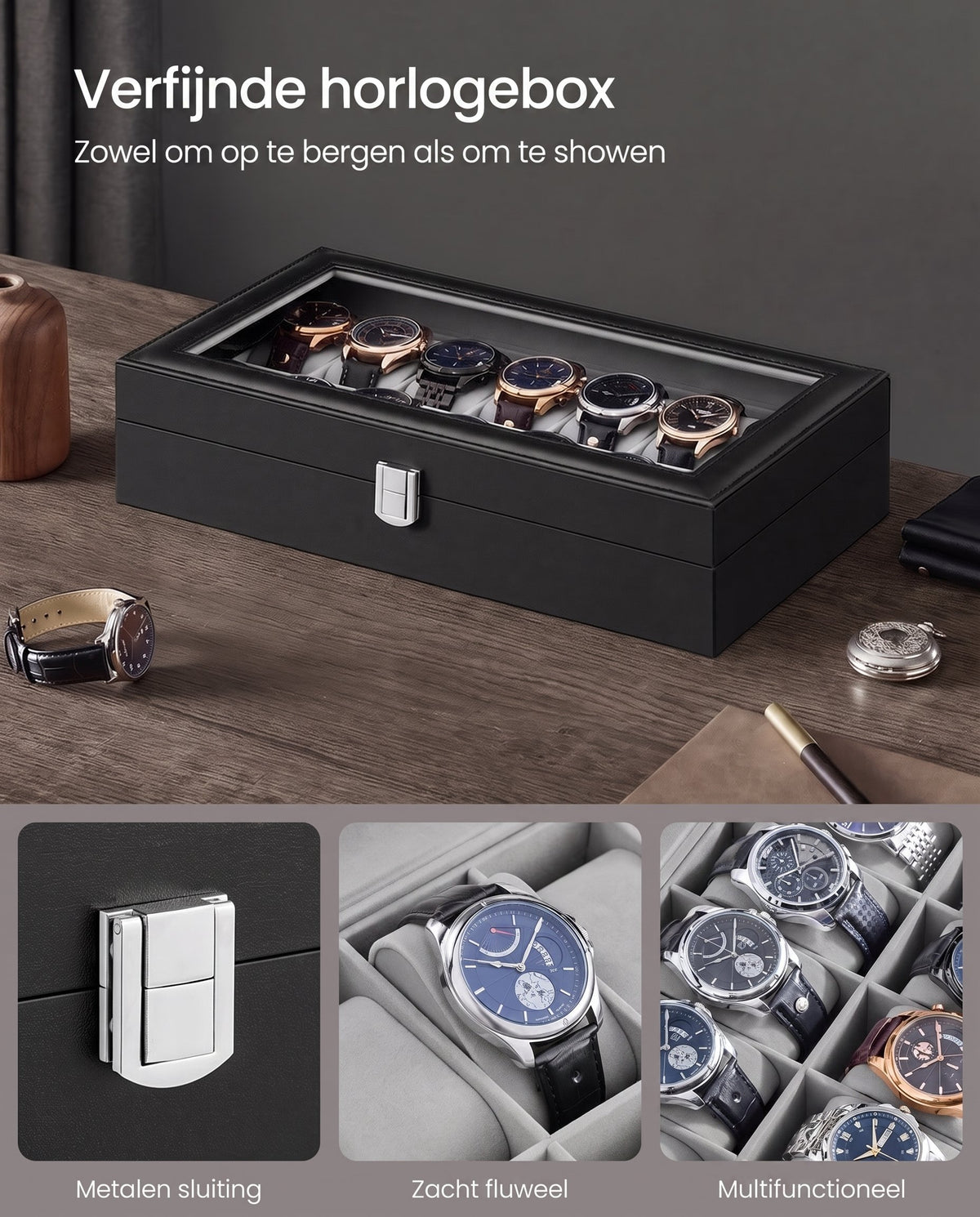 Horlogedoos voor 14 Horloges van PU-leer met Glazen Deksel, 34,8 x 20 x 7,5 cm