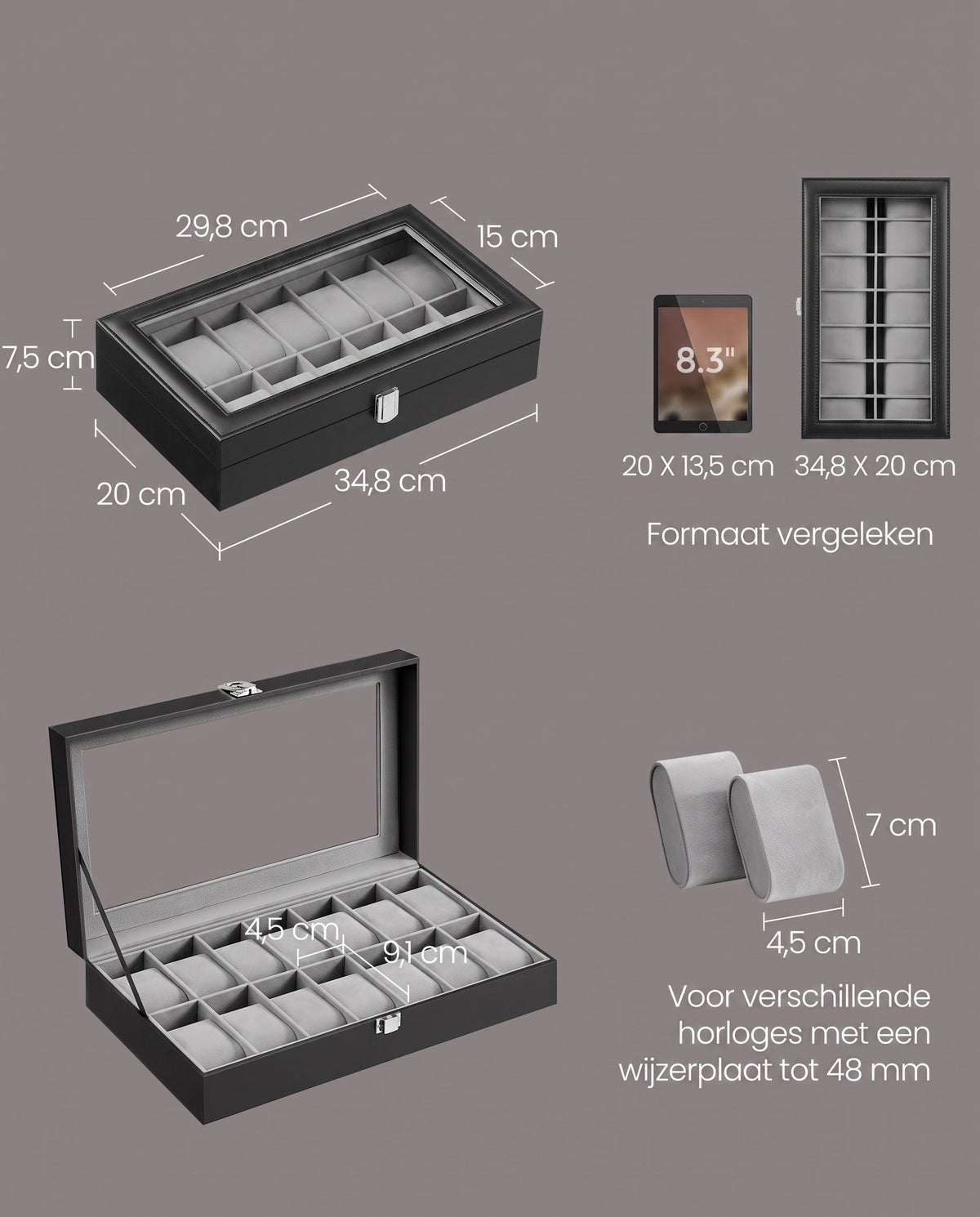Horlogedoos voor 14 Horloges van PU-leer met Glazen Deksel, 34,8 x 20 x 7,5 cm