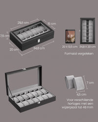 Horlogedoos voor 14 Horloges van PU-leer met Glazen Deksel, 34,8 x 20 x 7,5 cm