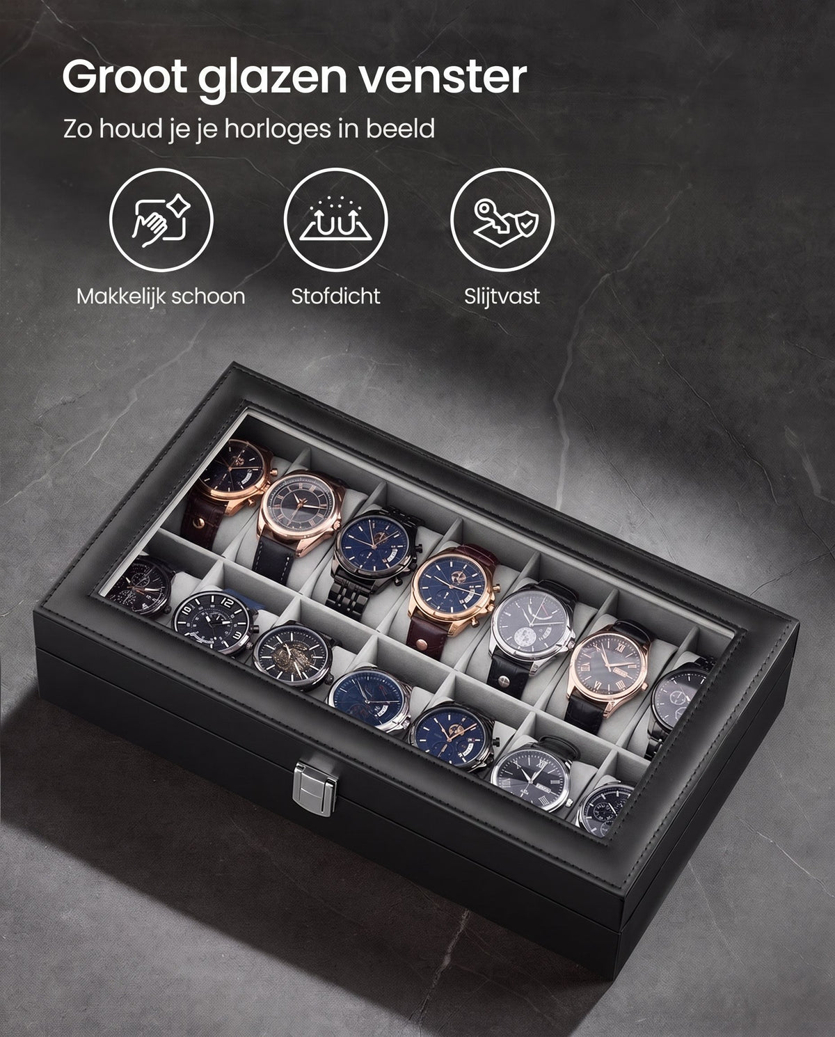 Horlogedoos voor 14 Horloges van PU-leer met Glazen Deksel, 34,8 x 20 x 7,5 cm