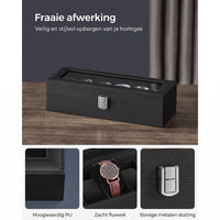 Horlogedoos voor 6 Horloges met Glazen Deksel en Slot, 30 x 11,2 x 8 cm