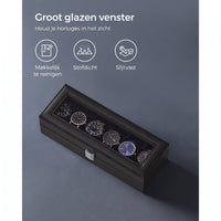 Horlogedoos voor 6 Horloges met Glazen Deksel en Slot, 30 x 11,2 x 8 cm
