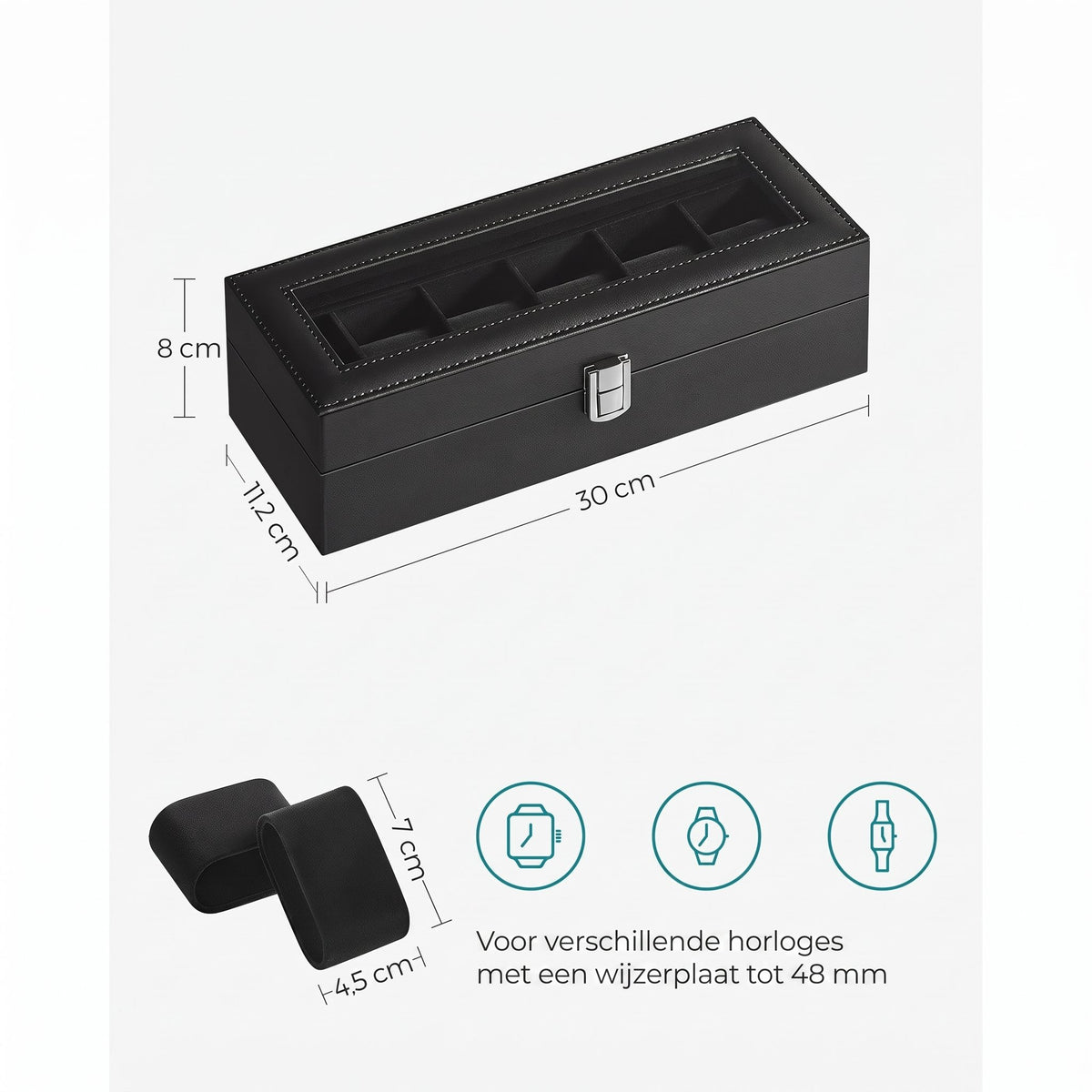 Horlogedoos voor 6 Horloges met Glazen Deksel en Slot, 30 x 11,2 x 8 cm