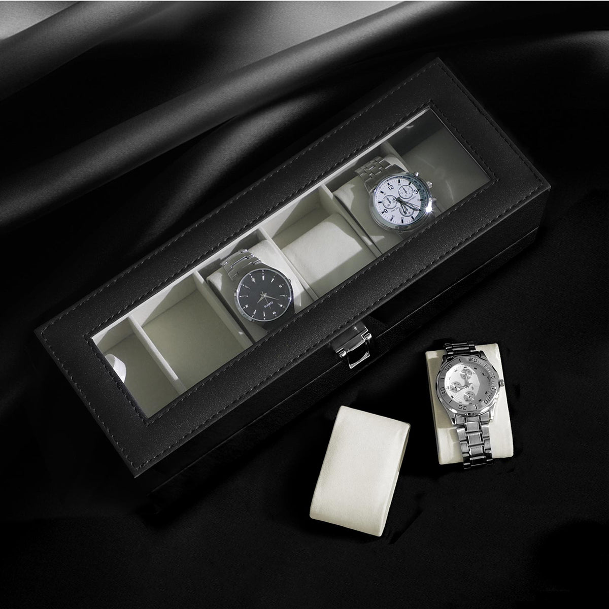 Horlogedoos voor 6 Horloges met Glazen Deksel en Slot, 30 x 11,2 x 8 cm