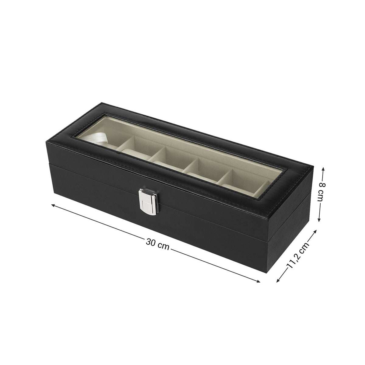Horlogedoos voor 6 Horloges met Glazen Deksel en Slot, 30 x 11,2 x 8 cm