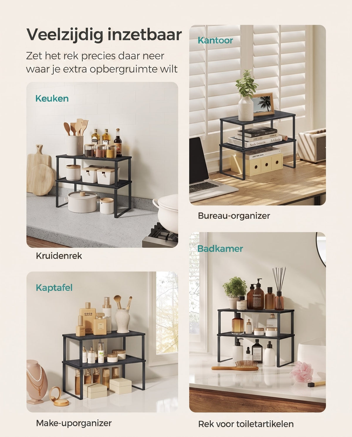 Stapelbaar Kruidenrek van Metaal en Bamboe, Set van 2