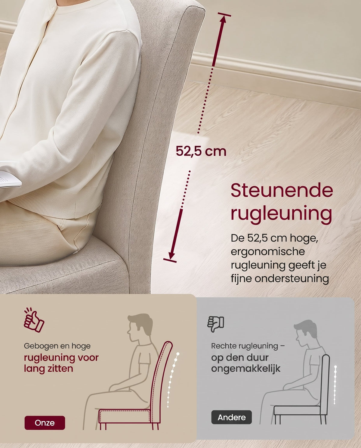 Eetkamerstoel met Hoge Rugleuning en Dik Zitkussen, Set van 2