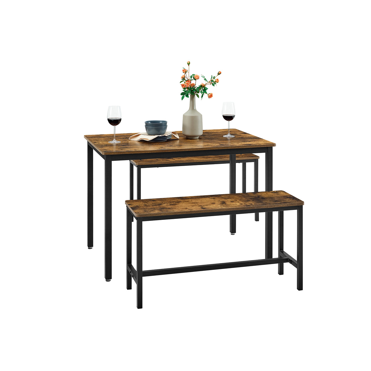 Eettafelset met 2 Banken in Industriële Stijl, 110 x 70 cm
