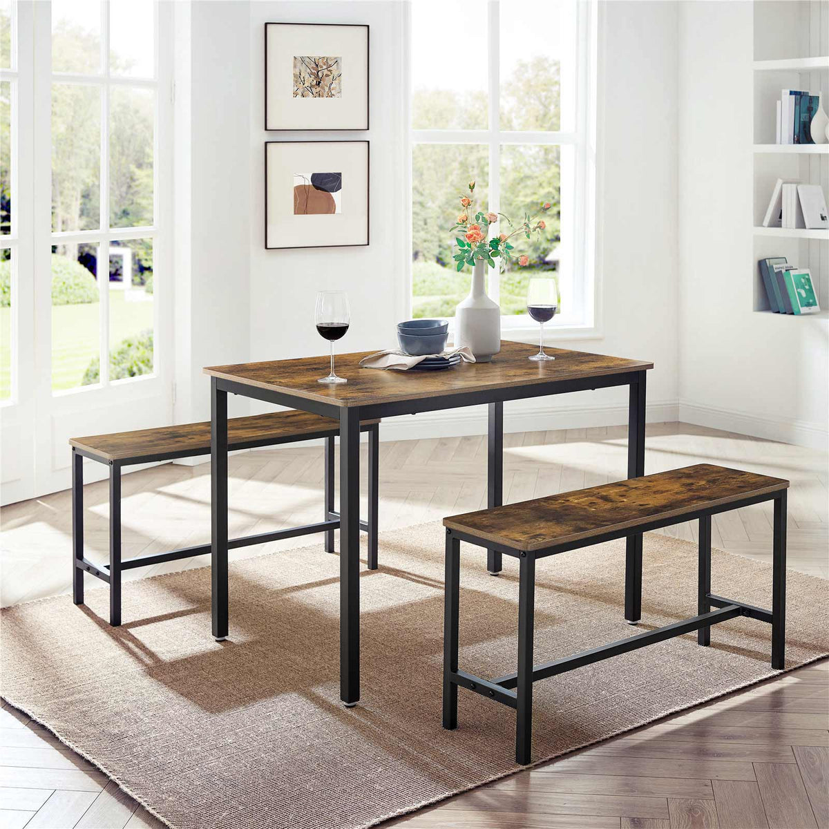 Eettafelset met 2 Banken in Industriële Stijl, 110 x 70 cm