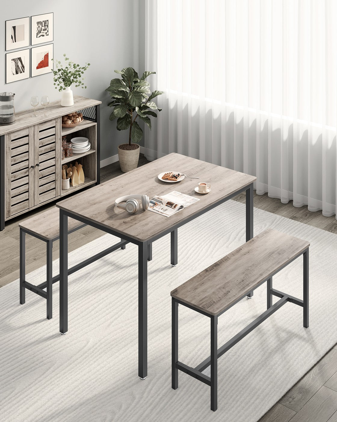 Eettafelset met 2 Banken in Industriële Stijl, 110 x 70 cm